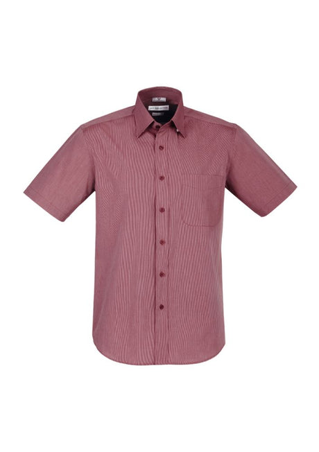 Stylish Men's Chevron Short Sleeve Shirt in Cherry, Size S, featuring easy-iron fabric and a concealed button-down collar.