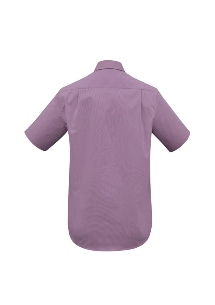 Stylish men's Grape Stripe short sleeve shirt with easy-iron fabric, concealed collar, and curved hem, size L.