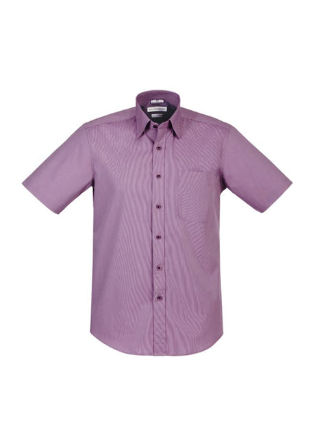 Men's Grape Stripe Short Sleeve Shirt in 2XL, featuring a tailored fit, easy-iron fabric, and a modern chevron design.