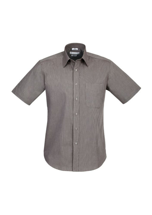 Graphite striped men's short sleeve shirt in size XL with concealed collar and easy iron fabric for comfort and style.