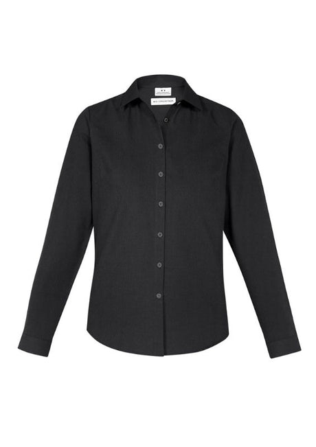 Ladies Memphis L/S Shirt in Black, Size 10, featuring a semi-fitted silhouette and soft oxford weave fabric for versatility.