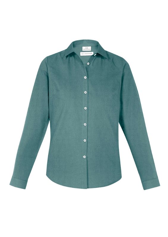 Ladies Memphis L/S Shirt in Jasper Green (Size 24) featuring a semi-fitted silhouette and versatile styling options.