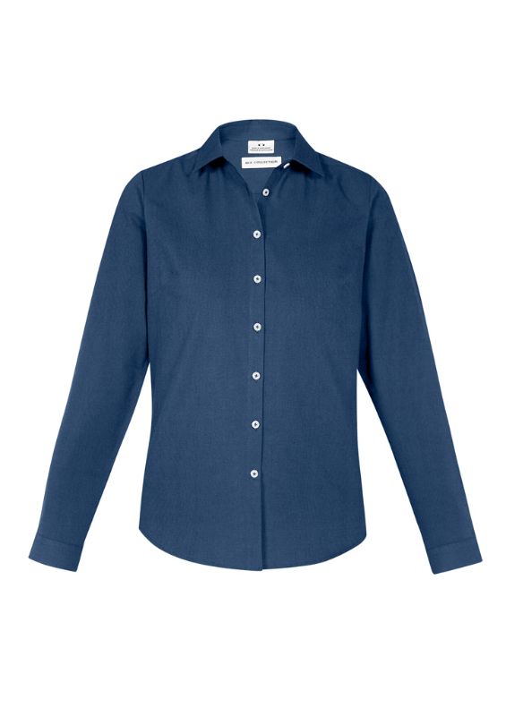 Ladies Memphis long-sleeve shirt in Mineral Blue, Size 6, featuring a semi-fitted silhouette and soft oxford weave fabric.