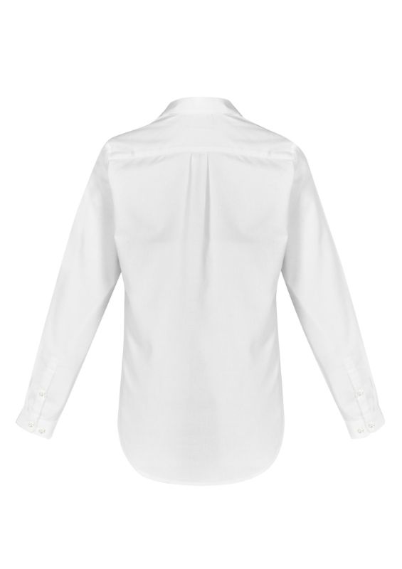 Ladies Memphis L/S Shirt in white, Size 6, featuring a semi-fitted silhouette, shirt tail hem, and soft cotton-poly blend.