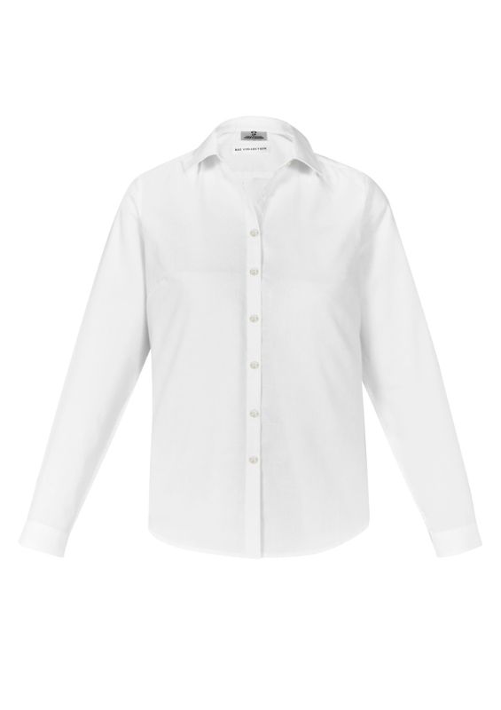 Ladies white Memphis L/S shirt, Size 6, featuring a semi-fitted silhouette and breathable cotton-polyester blend.