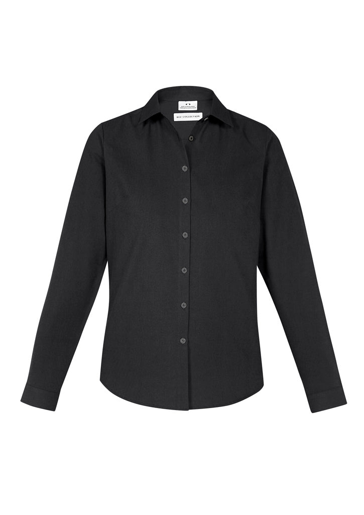 Ladies Memphis Shirt in black, size 26, showcasing a semi-fitted silhouette with shirt tail hem and back pleat for elegant comfort.