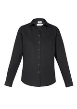 Ladies Memphis Shirt in black, size 26, showcasing a semi-fitted silhouette with shirt tail hem and back pleat for elegant comfort.