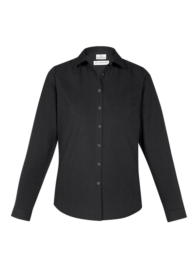 Ladies Memphis Shirt in black, size 26, showcasing a semi-fitted silhouette with shirt tail hem and back pleat for elegant comfort.