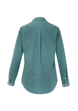 Ladies Memphis Shirt in Jasper Green, featuring a semi-fitted silhouette, soft fabric, and stylish shirt tail hem.