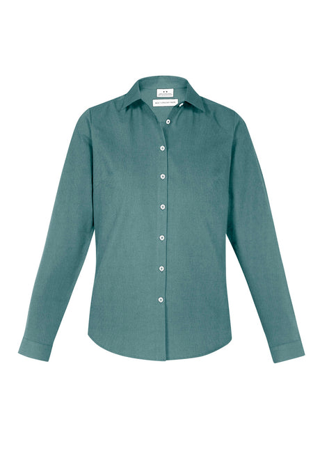 Ladies Memphis Shirt in Jasper Green, semi-fitted with unique shirt tail hem and back box pleat, ideal for stylish comfort.