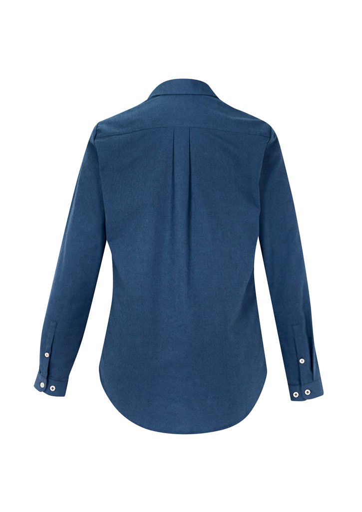 Ladies Memphis Shirt in Mineral Blue, featuring a semi-fitted silhouette, tailored style, and premium cotton-polyester blend.