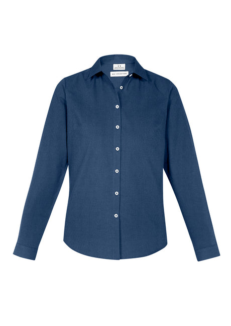 Ladies Memphis Shirt in Mineral Blue, size 10, featuring a semi-fitted style and soft, durable fabric for office or casual wear.