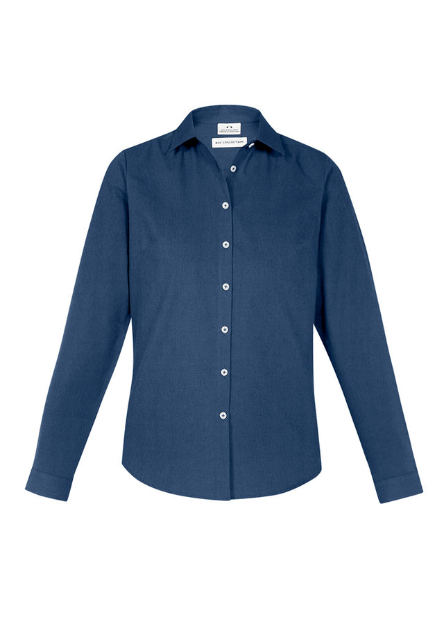 Ladies Memphis Shirt in Mineral Blue, semi-fitted with shirt tail hem, crafted from soft pre-shrunk oxford fabric.