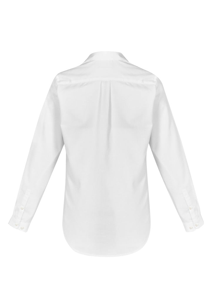 Ladies Memphis Shirt in white, featuring a semi-fitted silhouette, shirt-tail hem, and comfortable oxford fabric blend.