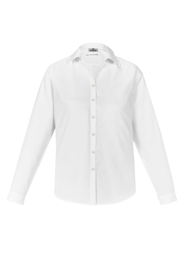 Ladies Memphis Shirt in white, featuring a semi-fitted silhouette, shirt-tail hem, and back pleat for comfort and style.