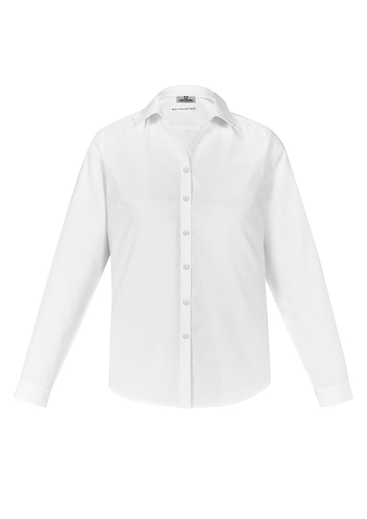 Elegant white ladies shirt from Biz Collection, size 10, featuring a semi-fitted silhouette and durable garment-washed fabric.