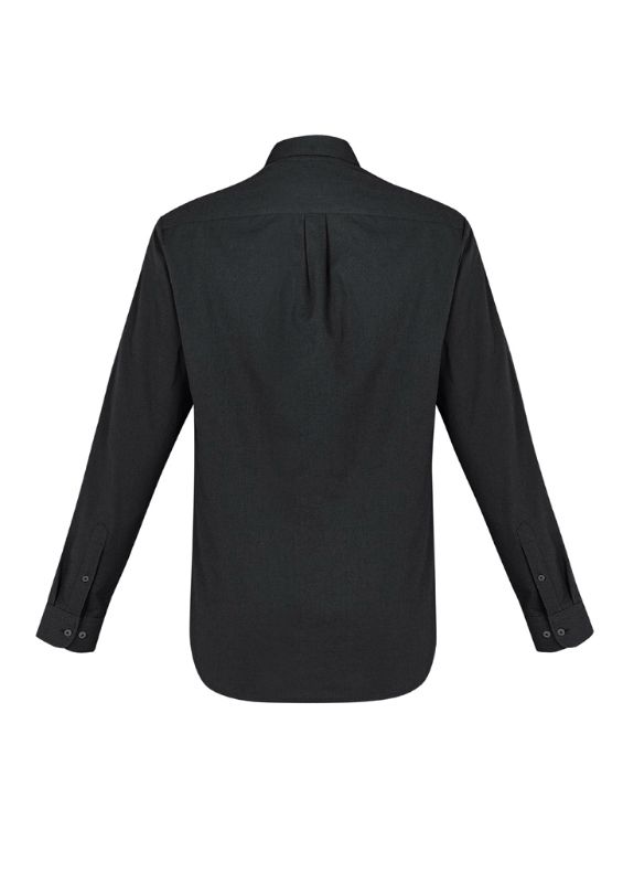 Men's black long-sleeve shirt in XS, featuring button-down collar, adjustable cuffs, and a relaxed fit for versatile styling.