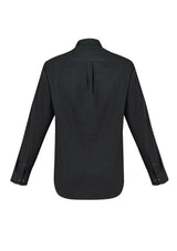 Men's black long-sleeve shirt in XS, featuring button-down collar, adjustable cuffs, and a relaxed fit for versatile styling.