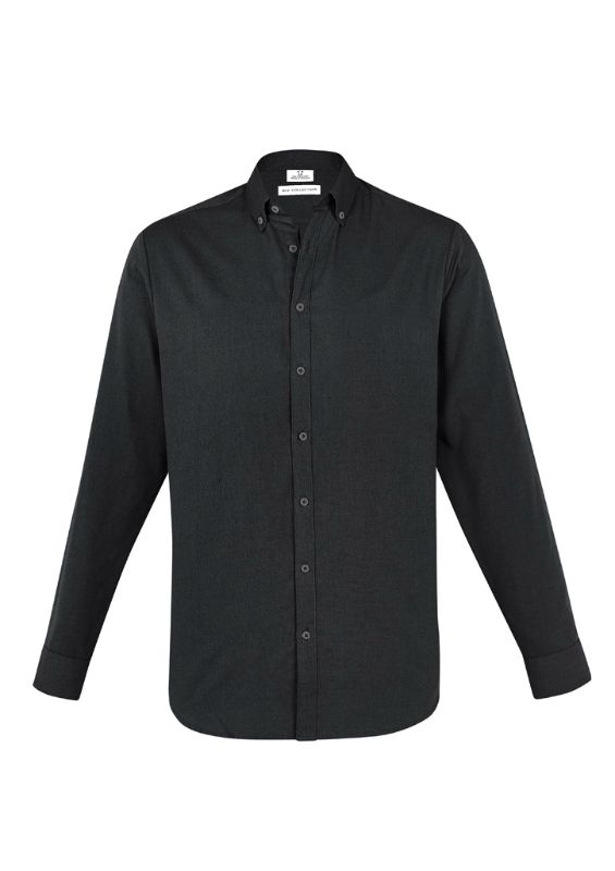 Black long-sleeve Men's Memphis shirt in XS from Biz Collection, featuring a modern collar, adjustable cuffs, and pocket.