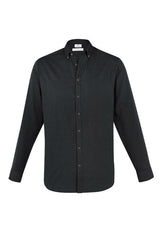 Men's Memphis Long Sleeve Shirt in black, featuring a button-down collar, adjustable cuffs, and a loose pocket; size Medium.