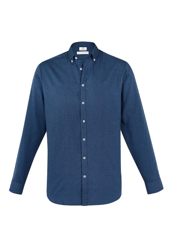 Men's Mineral Blue long sleeve shirt, 2XL, features soft cotton blend, button-down collar, adjustable cuffs, and versatile style.