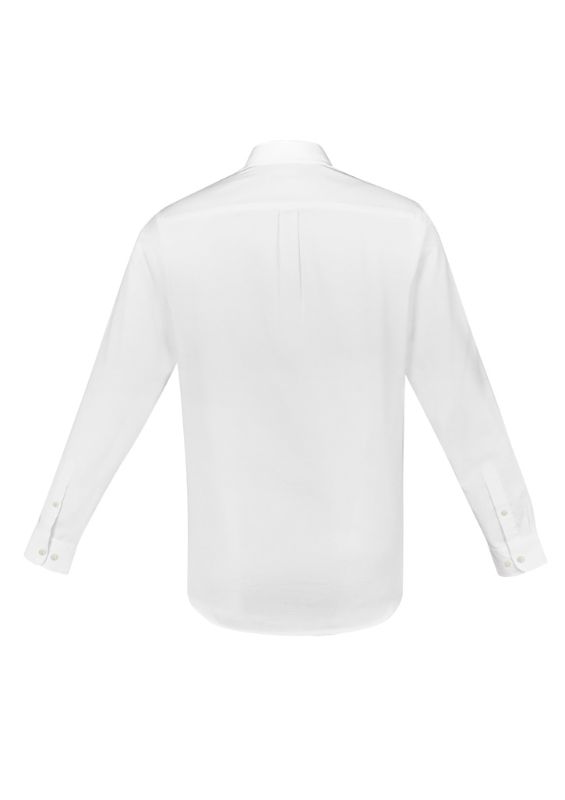 Men's white long-sleeve shirt from Biz Collection, featuring a modern collar, adjustable cuffs, and a practical pocket.