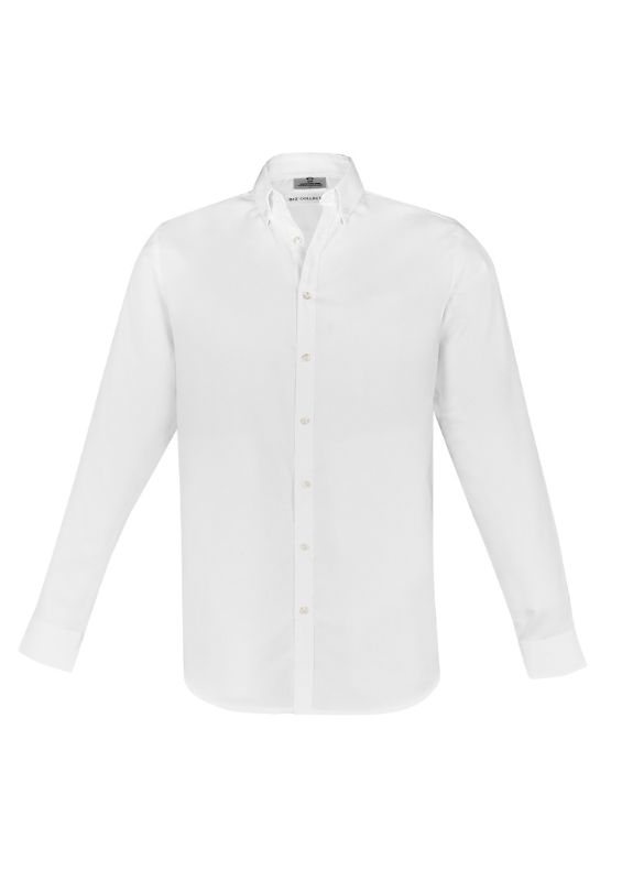 Men's Memphis L/S Shirt in white, size XS, featuring a button-down collar, adjustable cuffs, and a functional pocket for practicality.