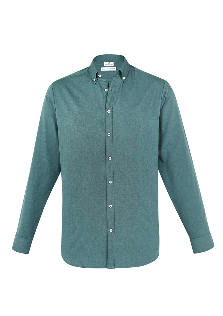 Men's Memphis Shirt in Jasper Green, featuring a button-down collar, back pleat, and loose pocket for versatile style and comfort.