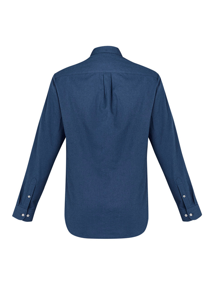Men's Memphis Shirt in Mineral Blue, size L, featuring a modern collar, adjustable cuffs, and practical pocket for stylish comfort.