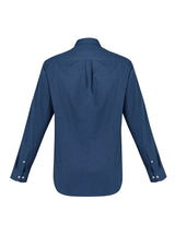 Men's Memphis Shirt in Mineral Blue, size L, featuring a modern collar, adjustable cuffs, and practical pocket for stylish comfort.