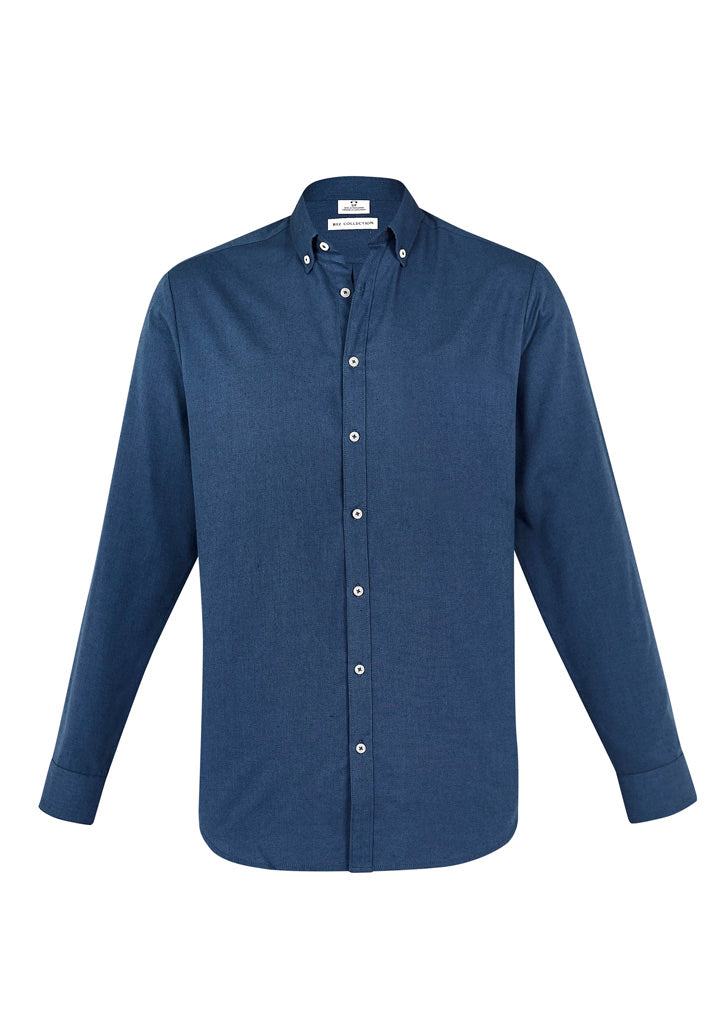 Men's Memphis Shirt in Mineral Blue, 3XL, featuring cotton-polyester blend, modern collar, box pleat, and adjustable cuffs.