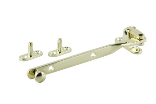 Short brass plated fanlight stay for top hung windows, featuring adjustable positions and a compact design for small spaces.