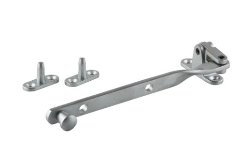 Satin chrome short fanlight stay for top hung windows, compact design with multiple opening positions for ventilation.