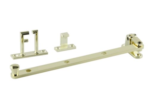 Short brass plated casement stay for side hung windows, 240mm long, ideal for compact spaces with included draft seal packer.