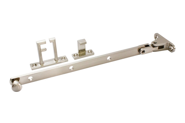 Satin nickel plated 240mm short casement stay for side-hung windows, perfect for compact spaces and easy installation.