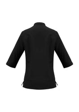 Ladies Quay 3/4 sleeve black shirt for women, size 8, featuring Teflon stain release and elegant design, ideal for work.