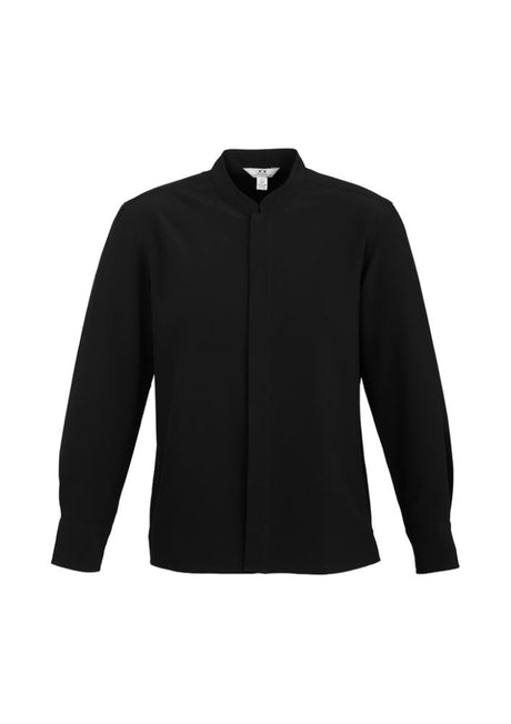 Mens Quay Long Sleeve Shirt in black, size 3XL, featuring Teflon stain release, mandarin collar, and side splits for comfort.