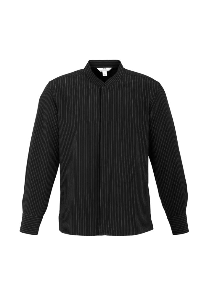 Men's Quay Long Sleeve Shirt in Black/White, featuring a mandarin collar, Teflon stain resistance, and stylish yarn-dyed stripes.