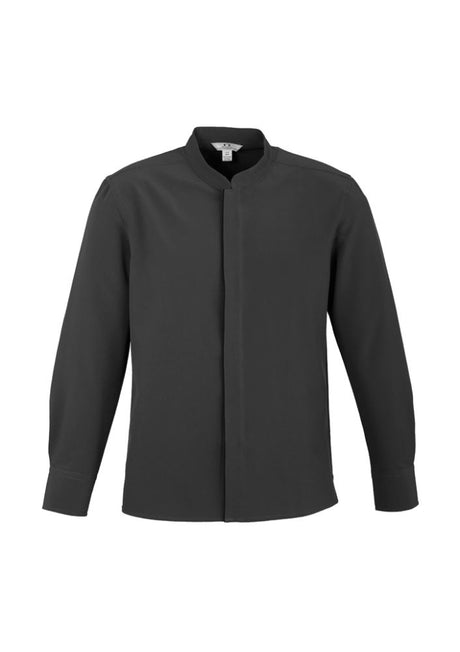 Men's Quay Long Sleeve Shirt in Charcoal/Black, XL, featuring a mandarin collar, Teflon stain release, and side splits for comfort.
