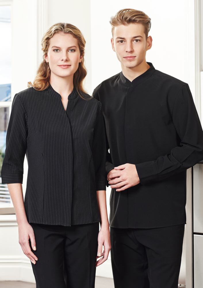 Mens Quay Long Sleeve Shirt in black, 2XL, featuring a mandarin collar, concealed placket, and Teflon stain finish for style and comfort.