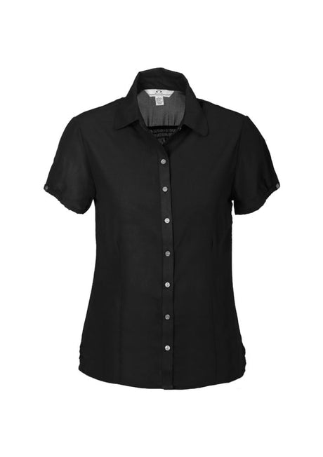 Elegant black Ladies Ruby Blouse in size 20, featuring pleat detail, buttoned elastic sleeves, and a flattering curved hemline.
