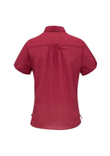 Ladies Ruby Blouse in Cherry/White, Size 6, featuring gathered pleat, buttoned sleeves, and flattering curved hemline.