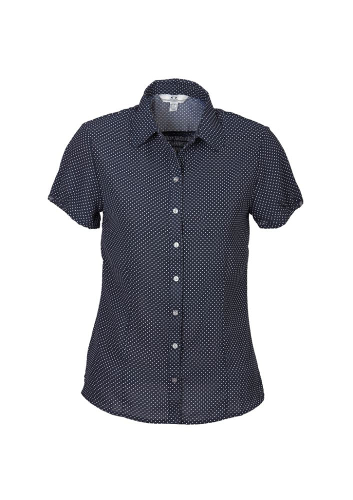 Elegant navy and white blouse for women, size 6, featuring gathered pleat, buttoned sleeves, and curved hem for versatile styling.