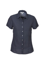 Elegant navy and white blouse for women, size 6, featuring gathered pleat, buttoned sleeves, and curved hem for versatile styling.