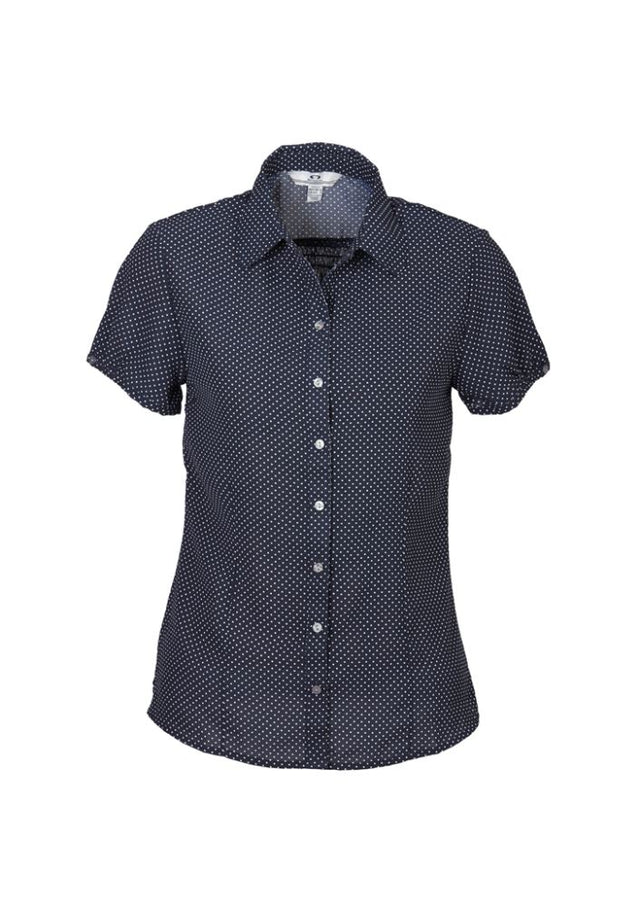Elegant navy and white blouse for women, size 6, featuring gathered pleat, buttoned sleeves, and curved hem for versatile styling.