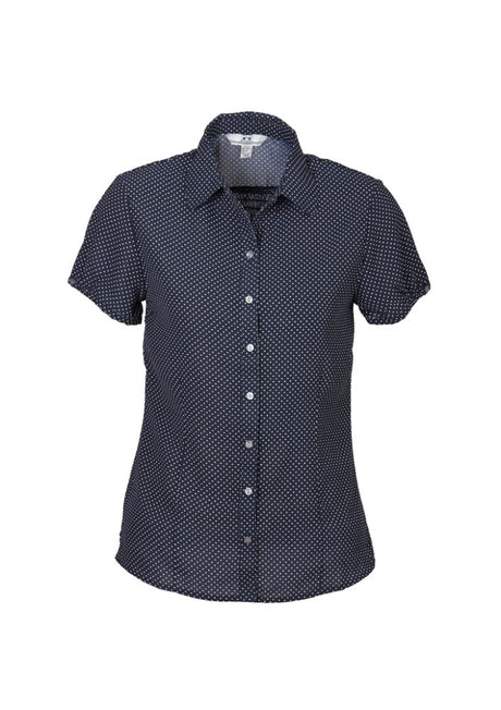 Ladies Ruby Blouse in Navy/White, Size 24, featuring gathered pleat detail, flattering darts, and a versatile curved hem.