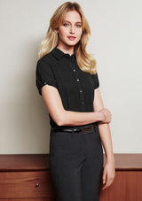Elegant black Ladies Ruby Blouse in size 20 with gathered pleat, buttoned sleeves, and flattering darts for versatile styling.