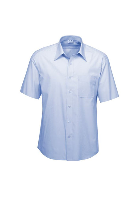 Men's Ambassador Short Sleeve Shirt in blue, size 5XL, featuring yarn-dyed stripes, UPF protection, and back shoulder pleats.
