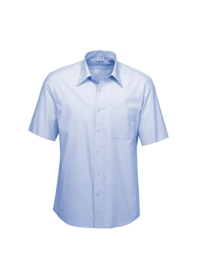 Men's blue short sleeve shirt in size L with yarn-dyed stripes, UPF protection, and easy-care fabric from Biz Collection.