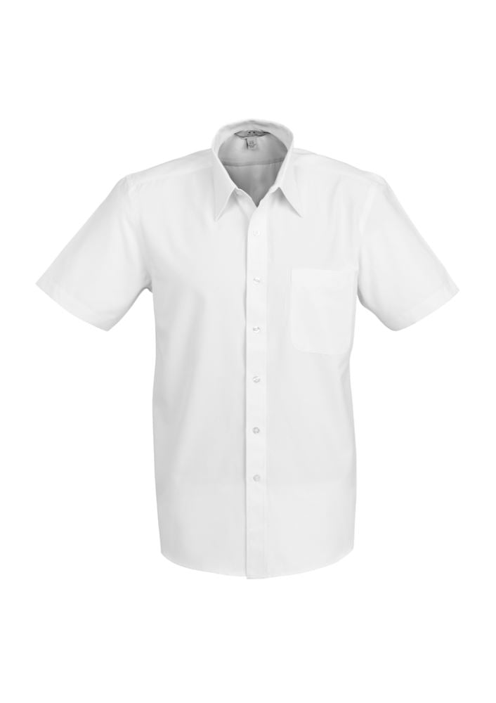 Crisp white 2XL men's short sleeve shirt with yarn-dyed stripe, UPF protection, and easy-care fabric for all-day comfort.